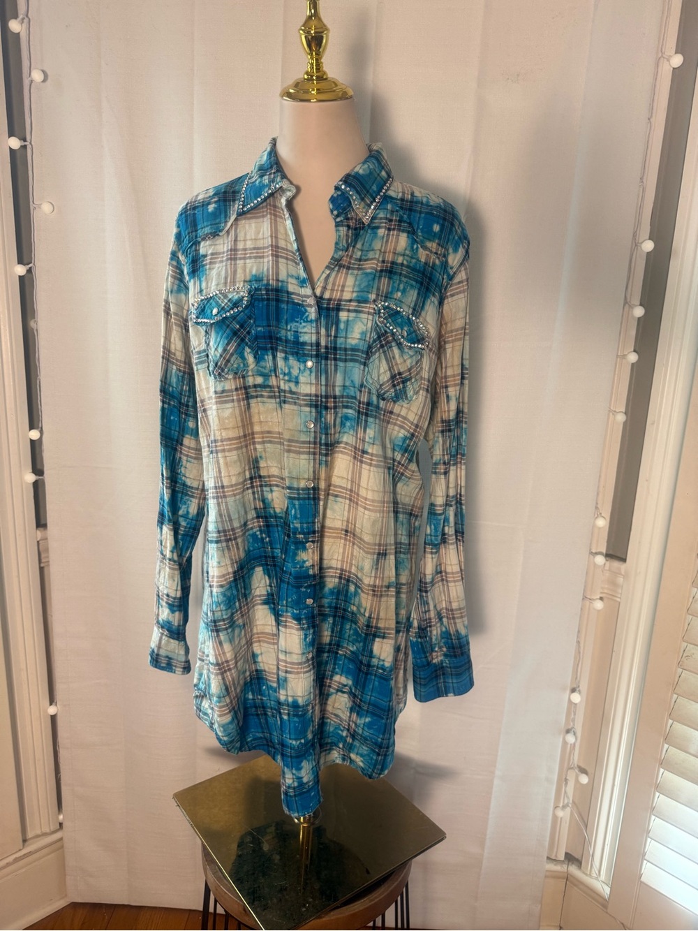 A Rare Bird M/L Embellished Blue Plaid Tunic Shirt Rhinestone Western Boho